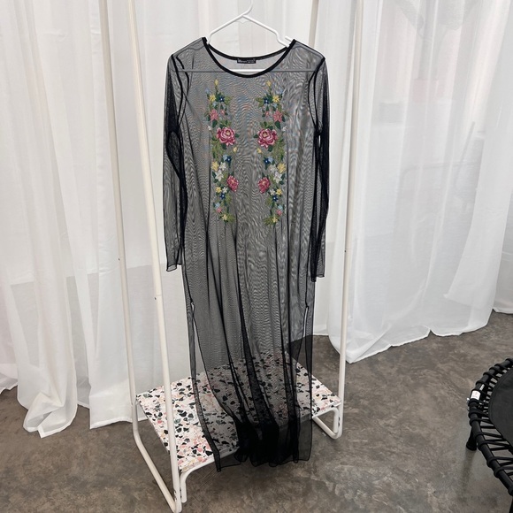 Floral Embroidered Black Mesh Dress - Picture 1 of 6